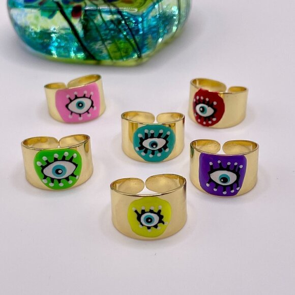 Boho Evil Eye Enamel and Copper Adjustable Ring #1300 PURPLE - Picture 6 of 14